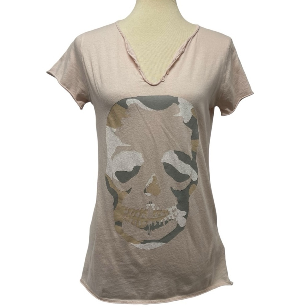 Zadig & Voltaire Pale Pink Skull Graphic Split Neck Short Sleeve T Shirt Women M - Picture 6 of 11